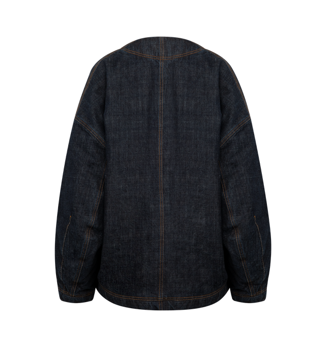 Image 2 of 3 - NAVY - JACQUEMUS Oversized Denim Cardigan featuring dropped shoulders, straight hem, kimono-inspired frame, monogram embroidery, hidden-snap placket, deep V-neck, long sleeves, front welt pockets and lined. 100% cotton. Made in France. 