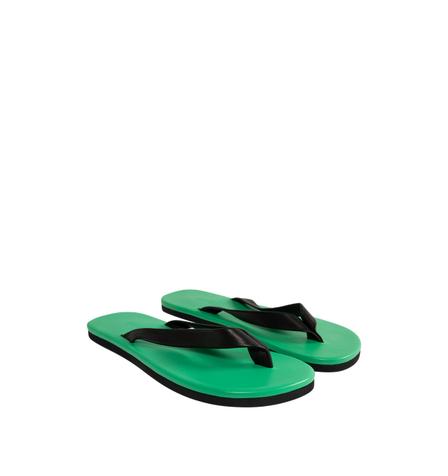 Image 2 of 4 - GREEN - AURALEE Leather Tong Flip-Flops featuring open toe, thong-style strap at vamp, logo embossed at padded leather footbed, stacked leather heel with rubber injection and leather sole. Upper: leather. Sole: leather, rubber.  