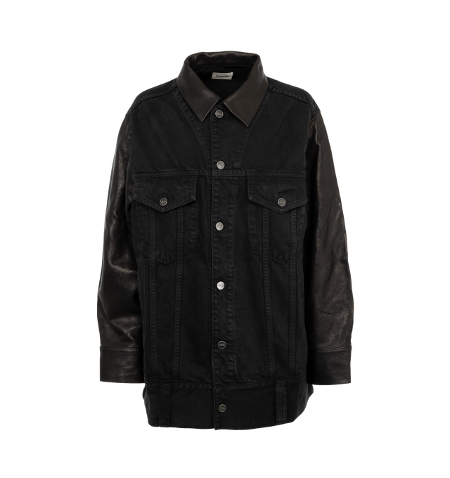 BLACK - KHAITE Grizzo Jacket featuring pure cotton denim, supple leather at the collar and extended sleeves and button-flap patch pockets. 100% cotton. 100% lambskin.