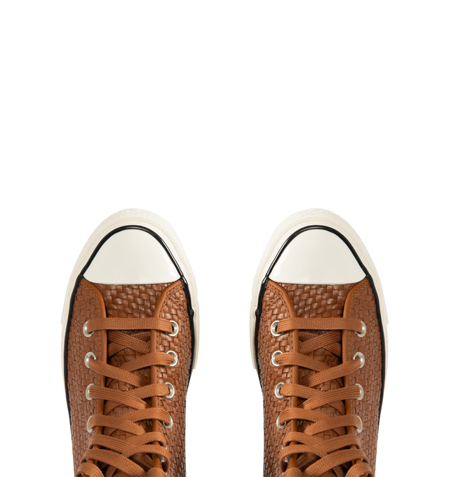 Image 5 of 5 - BROWN - CONVERSE Chuck 70 Woven Leather High Top Sneaker featuring premium woven leather upper, OrthoLite cushioning, varnished, off-white midsole and toe cap, tonal laces and signature leather Chuck Taylor ankle patch and classic All Star license plate. 