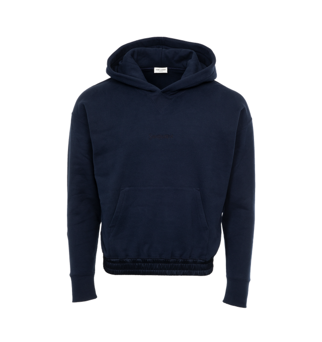 NAVY - SAINT LAURENT Hoodie featuring tonal logo embroidered on chest, kangaroo pocket, fixed hood, rubbed cuffs and shirred hem. 100% cotton. 