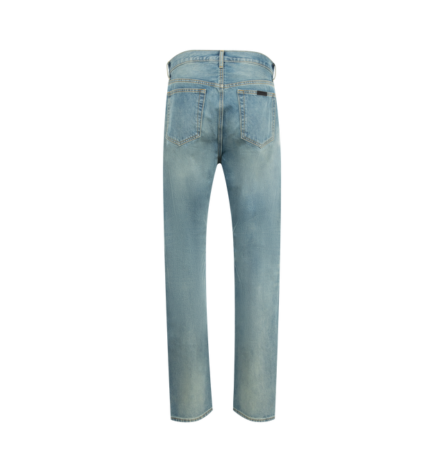 Image 2 of 3 - BLUE - Fear of God Denim Jeans (Mens) are a 5-pocket style with antique brass hardware, a leather brand label, and a raw ankle hem. 100% cotton. Made in Japan.  