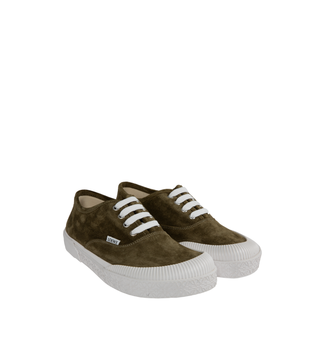 Image 2 of 5 - GREEN - LOEWE Terra Vulca Lace-Up Sneaker featuring a bulky and asymmetric toe shape, wide fit, suede, LOEWE logo tag on the quarter and embossed Anagram outsole and foxing. Split Calfskin. 