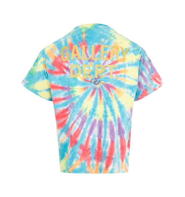 Image 2 of 2 - MULTI - GALLERY DEPT. Rally Tee featuring tie-dye throughout, graphic print on the front, back GD ENGLISH logotype rendered in gold glitter, relaxed 90's fit, short sleeves and crew neck. 100% cotton. Made in USA. 