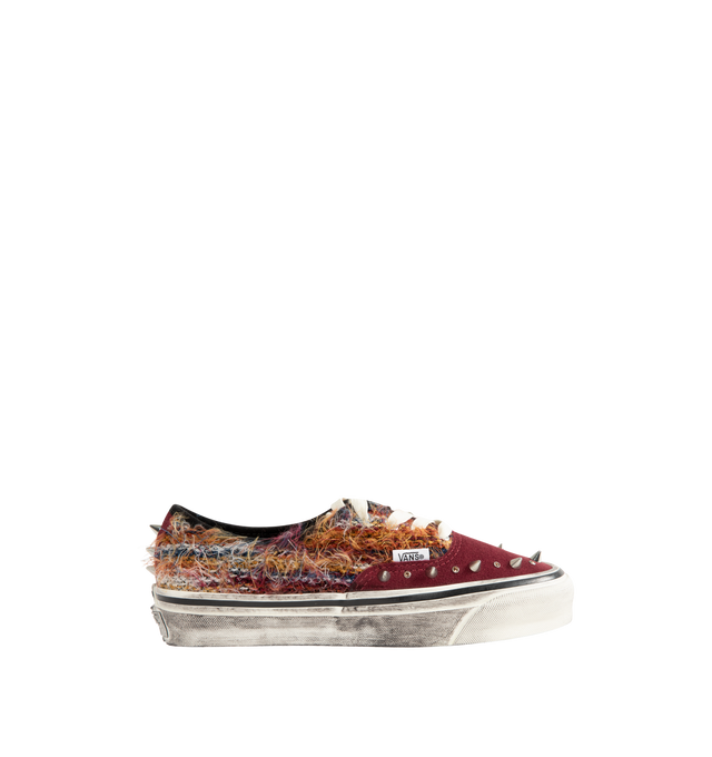 Image 1 of 5 - BROWN - Vans Premium Authentic 44 heritage low-top lace-up sneaker crafted with a suede and canvas upper with frayed, textured mohair, studs and crystal embellishments and greased sidewall. Featuring cotton laces, metal eyelets, upgraded footbed , and Sola Foam ADC (All-Day Comfort) insole for soft and durable cushioning. 