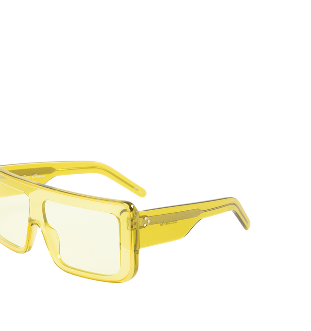 Image 3 of 3 - YELLOW - RICK OWENS Documenta Sunglasses featuring large acetate square frame, single-cut lens, wide arms with the signature trio of rivets on each temple, acid yellow acetate and acid yellow nylon lenses.  