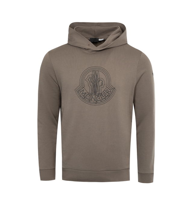 Image 1 of 3 - BROWN - MONCLER Logo Hoodie Sweatshirt has a front graphic, attached hood, and ribbed trims. 100% cotton.  