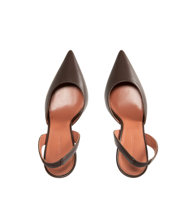 Image 4 of 4 - BROWN - AMINA MUADDI Holli 95 Nappa Slingback Pumps featuring buttery soft lambskin leather, 95 mm exaggerated pedestal stiletto heel, pointed toe, elastic slingback strap, goat leather lining and leather outsole. Made in Italy. 