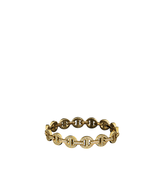 Image 1 of 1 - GOLD - Hoorsenbuhs Antiquated MMV Small Hinged Bracelet featuring the brands iconic tri-link motif in 18K gold with G VS1 natural diamonds. Designed with a slim profile and deco-inspired face, this handcrafted bracelet is detailed with handset diamond tri-link silhouettes. For personal consultation and detailed information about jewelry, please contact our dedicated stylist team at personalshopping@hirshleifers.com.This item may be restricted for online purchase to international clients. For  
