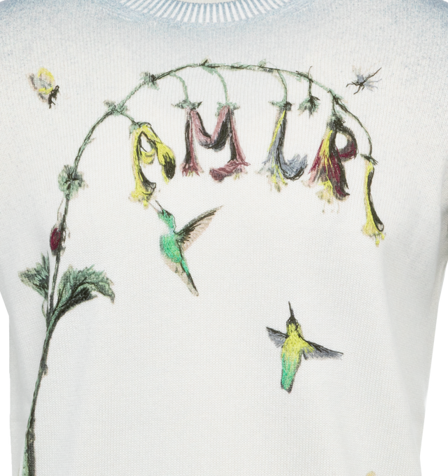 Image 3 of 4 - BLUE - AMIRI Embroidered Hummingbird Crew featuring crewneck, long sleeves, ribbed cuffs and hem and embroidered graphic and logo. 96% wool, 4% cotton. Made in Italy. 