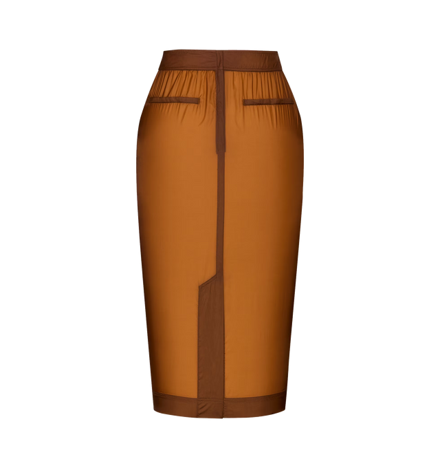 Image 2 of 2 - BROWN - SAINT LAURENT Nylon Pencil Skirt featuring semi-sheer pencil skirt, concealed back zip closure, two welt pockets at the front and single back vent. 100% polyamide. Made in Italy. 