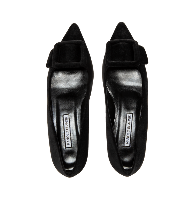 Image 4 of 4 - BLACK - MANOLO BLAHNIK Maysale Flat Pumps featuring suede pointed toe pumps, decorative buckle detail and flat stacked heel. 10MM. 100% kid suede. Sole: 100% calf leather. Lining: 100% kid leather. 