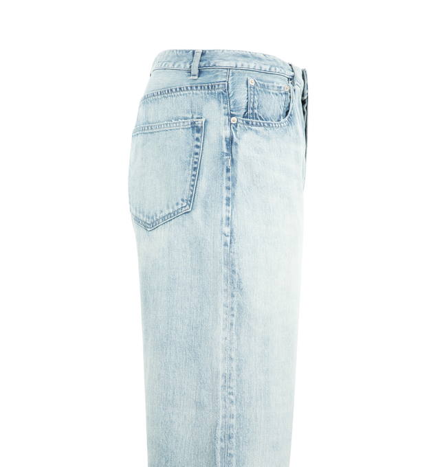 Image 3 of 3 - BLUE - AURALEE Faded Selvage Denim Pant featuring a soft, vintage-like texture, belt loops at waist, wide fit and tapered leg. 100% cotton. 