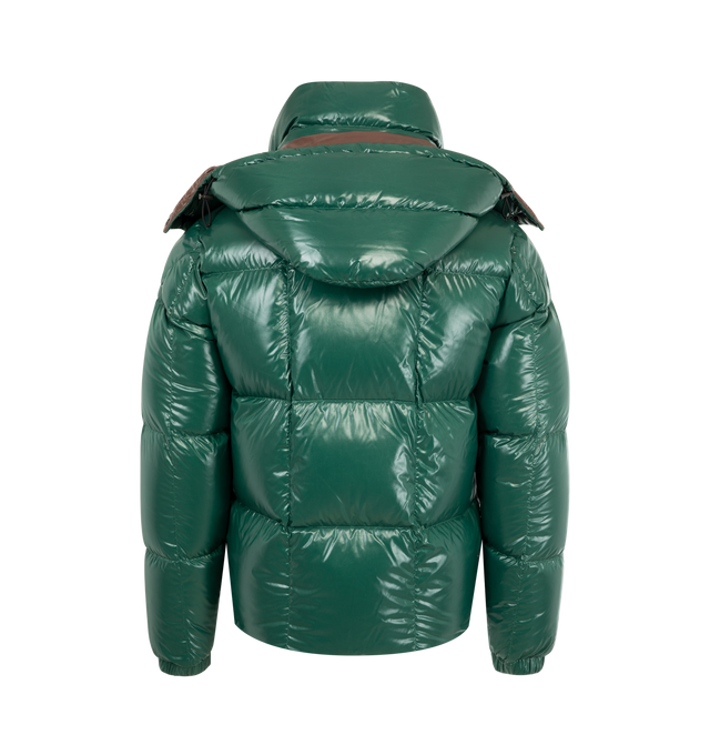 Image 3 of 4 - GREEN - MONCLER Parana Hooded Short Down Jacket featuring nylon laqu lining, down-filled, detachable and adjustable hood, zipper and snap button closure, zipped pockets and hem with drawstring fastening. 100% polyamide/nylon. Padding: 90% down, 10% feather. Made in Romania. 