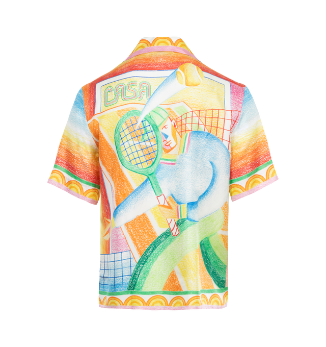 Image 2 of 2 - MULTI - CASABLANCA Cuban Collar Shirt featuring abstract tennis court print, notched collar, concealed button placket, chest patch pocket, short sleeves and straight hem. 100% silk. Made in Italy. 
