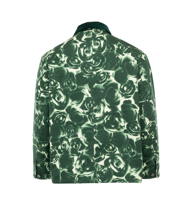Image 2 of 4 - GREEN - BURBERRY Printed Shirt featuring button fastenings at front, spread collar, buttoned cuffs, relaxed fit, corduroy trim at collar, long sleeves, two slip pockets at sides and all-over contrast floral pattern. 100% cotton. 