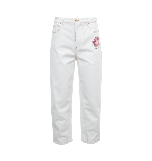 WHITE - Marni lightweight stretch cotton white denim trousers in a five-pocket style with regular rise and wide leg. Featuring button and fly closure, hand-stitched Marni mending logo and embellished with a cut-out flower patch. 98% Cotton Woven 2% Elastane-Spandex. Made in Italy.