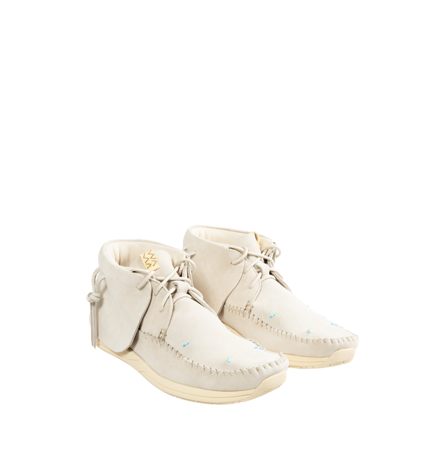 Image 2 of 4 - WHITE - VISVIM FBT Lhamo-Folk Embellished Fringed Suede Ankle Boots featuring soft suede, embellished with bead details, set on custom Vibram outsoles and detailed with slim, leather ties. 