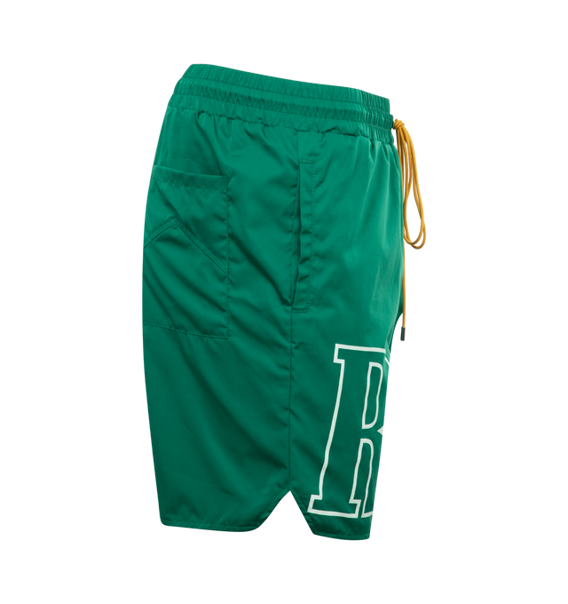Image 3 of 3 - GREEN - RHUDE Logo Shorts featuring drawstring at elasticized waistband, two side pockets and one back pocket, logo printed at front, vented outseams and engraved silver-tone hardware. 100% nylon. Lining: 100% polyester. Made in USA. 
