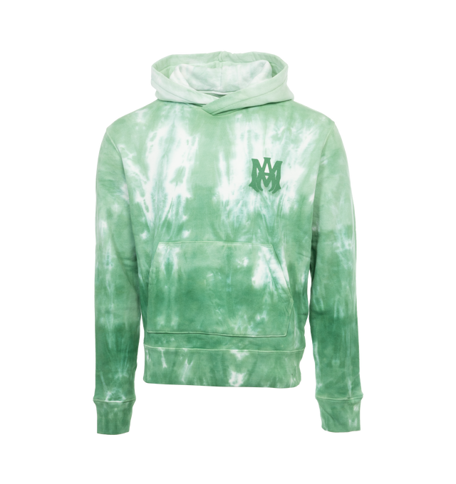 Image 1 of 4 - GREEN - AMIRI MA Logo Dip Dye Hoodie featuring logo at chest and back, classic hood, pouch pocket, long sleeves, banded cuffs and waist and pullover style. 100% cotton. Made in Italy. 