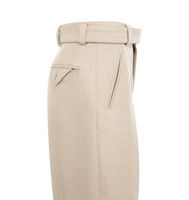 Image 4 of 4 - NEUTRAL - BOTTEGA VENETA Belted Trousers featuring zip fly with button closure and detachable belted accent, 4-pocket styling, zip detail at leg opening with buttoned cuff and midweight twill fabric. 100% cotton. Made in Italy. 