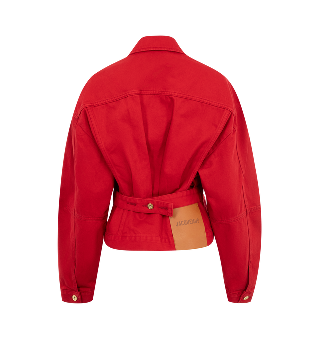 Image 2 of 2 - RED - Jacquemus La Veste De-Nimes Jacket has a spread collar, a button closure, chest flap pockets, single barrel button cuffs, back waistband pleats, and an adjustable tab at the back waistband. 100% cotton. Made in Portugal. 