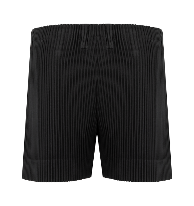 Image 2 of 3 - BLACK - Issey Miyake Men's shorts designed for portability and lightweight comfort, with the quick-drying properties unique to polyester. Featuring elastic waist with belt loops, pockets on both sides and button-fly design. 100% Polyester. Made in The Philippines. 
