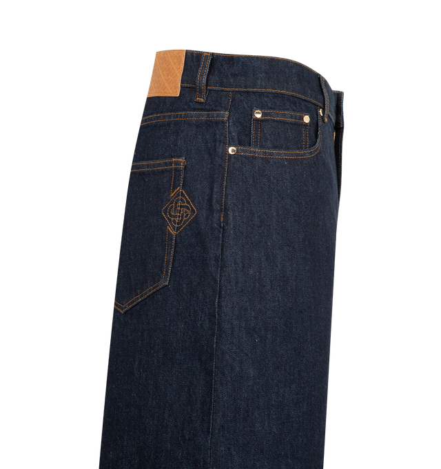 Image 5 of 5 - BLUE - CASABLANCA Denim Shorts featuring non-stretch denim shorts, belt loops, five-pocket styling, zip fly, logo patch at back waist and logo-engraved gold-tone hardware. 100% cotton. Made in Italy. 