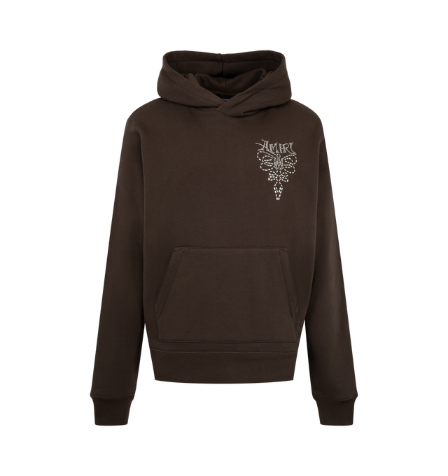 Image 1 of 2 - BROWN - Amiri Men's Lasso Embroidered Hoodie is crafted from premium cotton and features a relaxed silhouette with an adjustable drawstring hood, ribbed trims, kangaroo pocket, and signature Lasso embroidery for a refined Western-inspired finish. This designer hoodie combines exceptional everyday comfort with Amiri's distinctive luxury streetwear aesthetic, creating an elevated layering essential. Main Material: 100% Cotton. 
