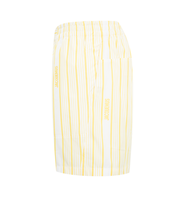 Image 3 of 3 - YELLOW - JACQUEMUS Aloe Striped shorts featuring medium-high rise, jacquard cotton business logo stripes, wide knee-length leg, elasticated waistband, zip fly, one visible button, horizontal leg yoke, four pockets and Jacquemus Club logo label on back. 55% polyamide, 45% cotton. Lining: 100% cotton. Made in Bulgaria. 