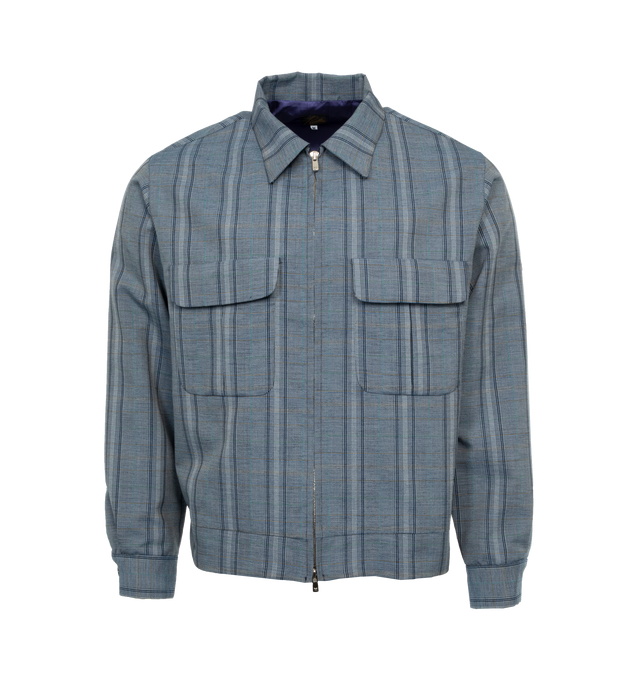 BLUE - NEEDLES Sport Jacket Glen Plaid featuring two large flap pockets, a double zip, boxy fit and a large collar. 100% wool. Made in Japan.