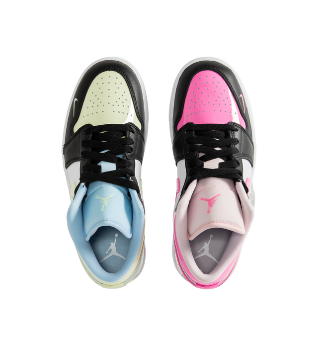 Image 5 of 5 - PINK - Air Jordan 1 Low SE Sneakers are crafted from leather and feature glossy patent accents with a playful mismatched color-block design that gives each shoe a unique look. Designed with a low-top silhouette, they are finished with Nike Swoosh branding, an embroidered Mini Swoosh at the lateral toe, Air Jordan Wings embroidery at the heels, perforated toe boxes, and durable rubber outsoles. Main Material: Leather. Sole: Rubber. Color: Multicolor. Made in womens sizing. 