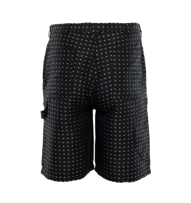 Image 2 of 3 - BLACK - LITE YEAR Carpenter Shorts featuring antique nickel hardware, button fly, side pockets, back pockets and Japanese jacquard fabric. 100% polyester. 