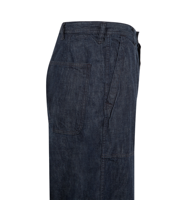Image 3 of 3 - BLUE - FULLCOUNT USN Seamen's Trousers featuring 8oz. Zimbabwe cotton denim, wide silhouette with a deep rise, authentic vintage-style urea buttons with thread channels, belt loops at waist and relaxed fit. Cotton. Made in Japan.  
