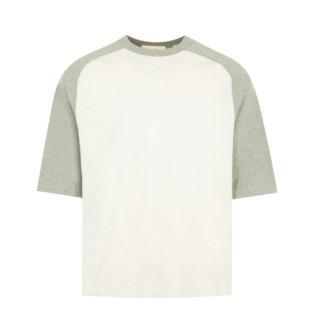 Image 1 of 2 - NEUTRAL - FEAR OF GOD ESSENTIALS Signature Baseball Tee featuring medium-weight cotton jersey, rib-knit crewneck tee, an oversized fit with baseball-inspired 3/4 raglan sleeves that contrast in color, an embroidered Essentials signature logo on front and an Essentials signature label at the back collar. 100% cotton. 