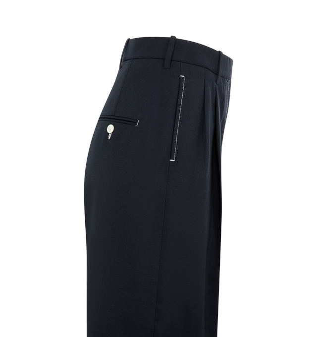 Image 3 of 3 - NAVY - Thom Browne Women's School Uniform High Waisted Trousers featuring tab front closure, button-fastening, back welt pockets, signature striped grosgrain loop tab. 50% Wool, 50% Polyester. Lining: 100% Cupro. Made in Italy. 