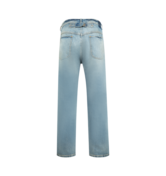 Image 2 of 3 - BLUE - MAISON MARGIELA Straight-Leg Cropped Jeans featuring full-length wide-leg fit, raw cut hems, five-pocket styling, waistband adjuster at the back, zip and button closure at the front and four stitches at the back. 100% cotton. Made in Italy. 