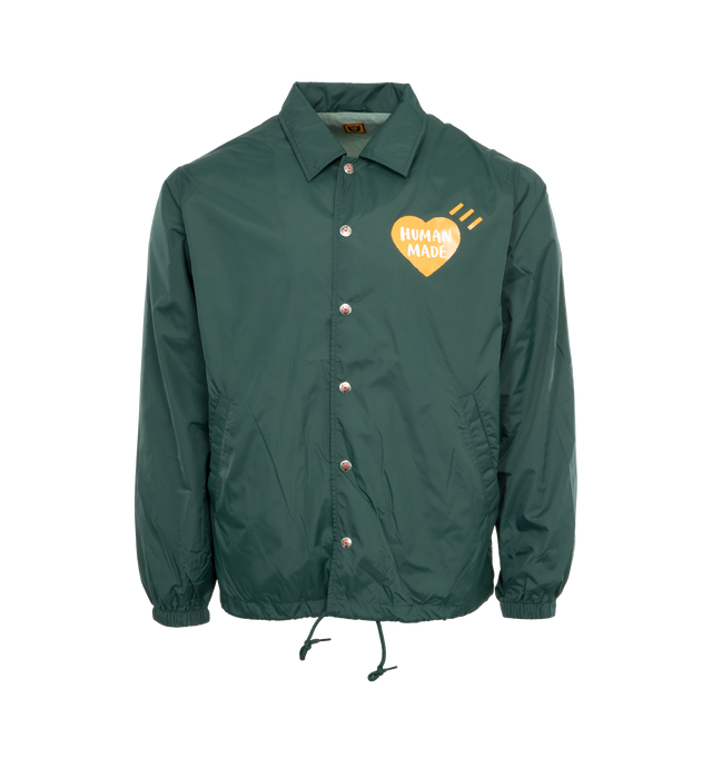 Image 1 of 4 - GREEN - HUMAN MADE Coach Jacket featuring pointed collar, button-down closure, screen-printed branding and acreen-printed graphics. Nylon/cotton blend. 