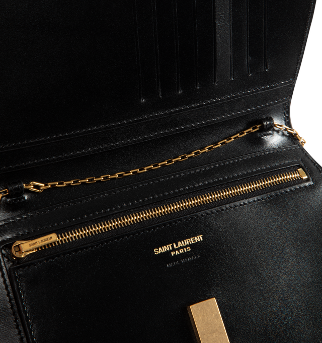 Image 3 of 3 - BLACK - Saint Laurent YSL Mini Voltaire Bag has a magnetic hinge closure, bronze-tone hardware, chain strap, and interior pocket. 8.3 x 4.3 x 1.8 inches. 100% calfskin leather. Made in Italy.  