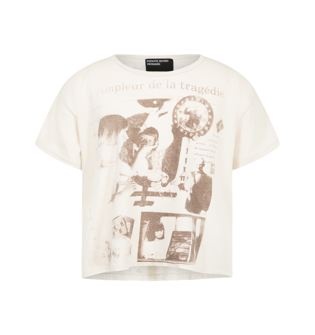 Image 1 of 2 - WHITE - Enfants Riches Dprims L'Ampleur de la Tragdie T-Shirt is crafted from lightweight vintage-texture cotton jersey and features a boxy-fit silhouette, a rib-knit crew neckline, and single-stitch hems at the cuffs and waist. Designed with artwork printed at the front and back, this signature style is finished with the brand's vintage wash process for a worn-in look and feel. Main Material: Cotton Jersey. Fit: Boxy. Made in the USA. 
