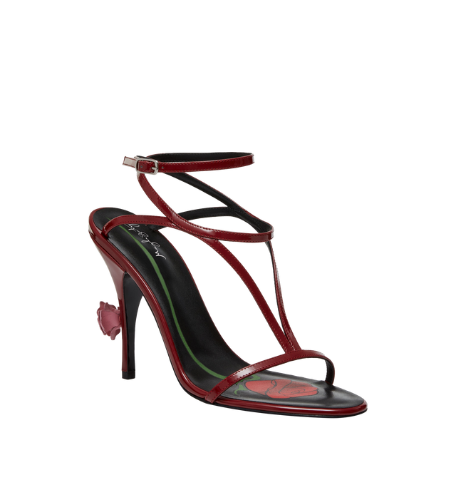 Image 2 of 3 - RED - MAGDA BUTRYM Strappy Sandal Heels featuring signature Magda detailing including a rosette embellished heel and a beautiful hand painted rose along insole. 105mm heel. 100% calf leather. Flower: 100% cotton. Made in Italy. 