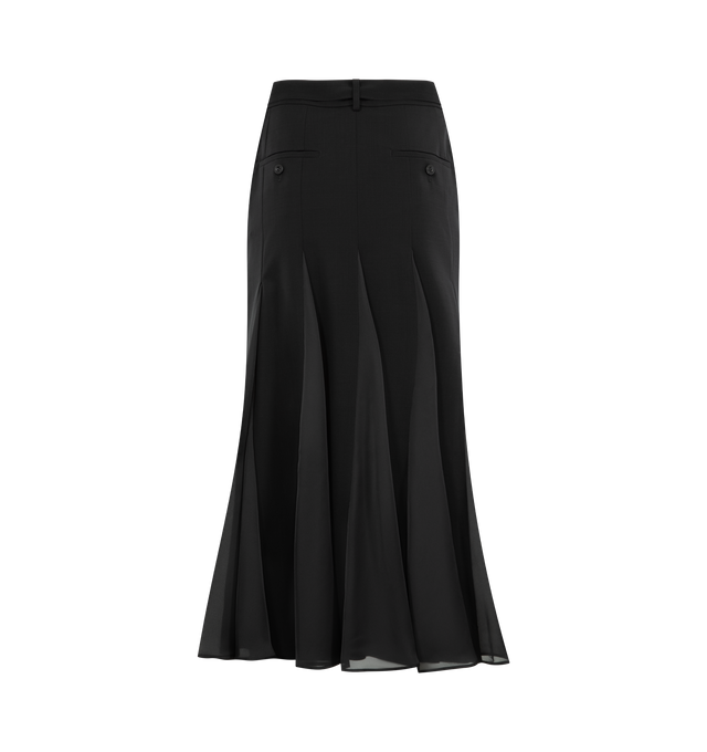 Image 2 of 3 - BLACK - SACAI Belted Wool Suiting Skirt featuring pencil skirt cut from wool suiting fabric, glossy satin tuxedo stripes, webbed belt, zip fly with hook-and-bar closure, cupro lining and front vent. 100% wool with 100% polyester contrast. Made in Japan. 