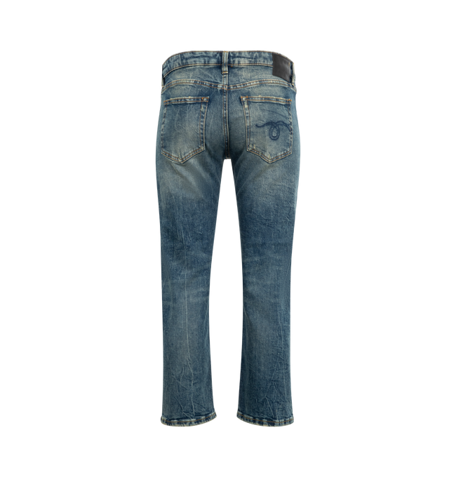 Image 2 of 3 - BLUE - R13 Straight Boy Jeans featuring zip fly with button closure, 5 pocket design, intentionally distressed areas and heavy whiskering and fading detail. 100% cotton.  