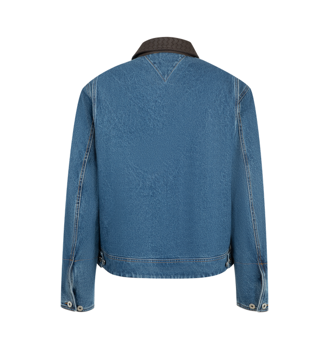 Image 2 of 3 - BLUE - Bottega Veneta Men's Denim Jacket is crafted from washed denim panels and features a boxy silhouette with an Intrecciato leather collar. Designed with a workwear-inspired construction, it is finished with a zip-front fastening, zipped pockets, and metallic knot pull-tabs that add a sculptural touch. Main Material: 100% Cotton. Collar: 100% Leather. Made in Italy. 