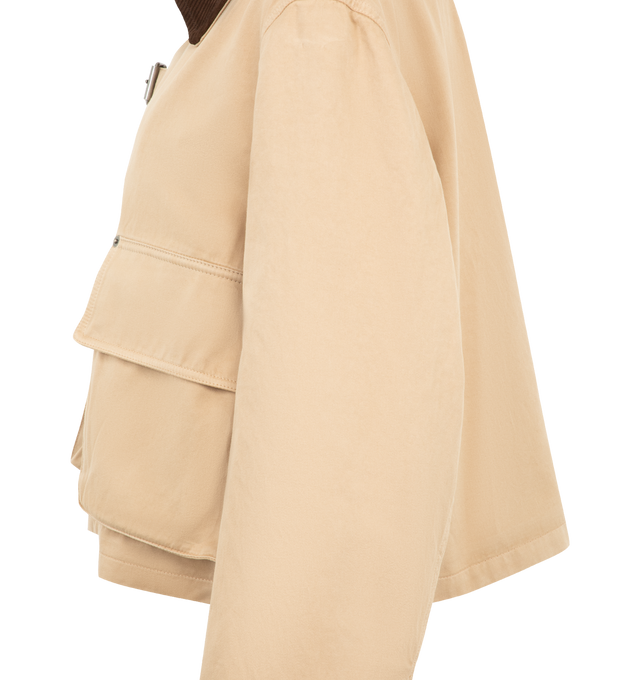 Image 4 of 4 - NEUTRAL - Loewe Womens Parka Jacket is crafted from cotton. Features a slightly cropped silhouette, corduroy collar, chest belt detail, concealed front closure, and cotton lining with leather trim. Main Material: 100% Cotton; Trim: 100% Leather; Lining: 100% Cotton. Made in Italy. 