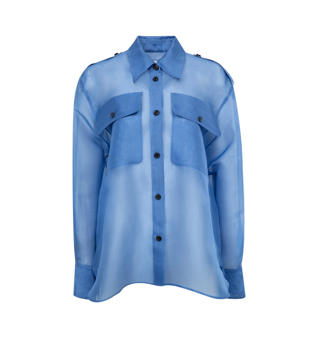 Image 1 of 2 - BLUE - KHAITE Massa Top featuring silk semi-sheer construction, straight-point collar, front button fastening, drop shoulder, long sleeves, buttoned cuffs, two chest flap pockets and straight hem. 100% silk. Made in Italy.  