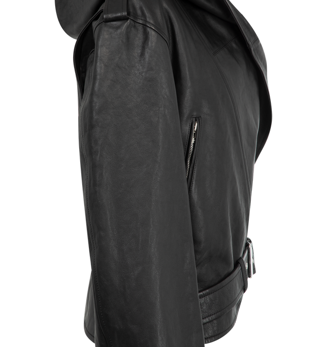 Image 3 of 3 - BLACK - Alaa Hooded biker jacket in faded nappa featuring a relaxed fit, cowl hood, shawl collar, integrated belt, zipped pockets. Made in Italy. 100% calf leather with polyester lining. 