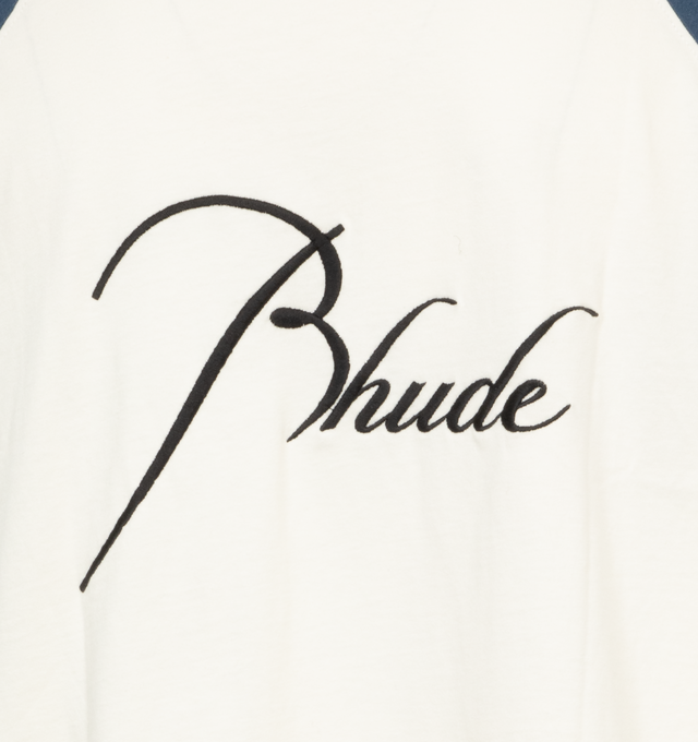 Image 4 of 4 - WHITE - RHUDE Raglan T-Shirt featuring rib knit crewneck, logo embroidered at chest and back and raglan short sleeves. 100% cotton. Made in United States. 