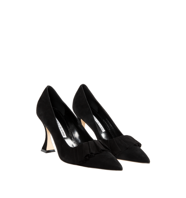 Image 2 of 4 - BLACK - MANOLO BLAHNIK Espanhi Heel featuring suede pointed toe pumps, tonal ruffled detail and stiletto flared heel. 90MM. 100% kid suede. Sole: 100% calf leather. Lining: 100% kid leather. 