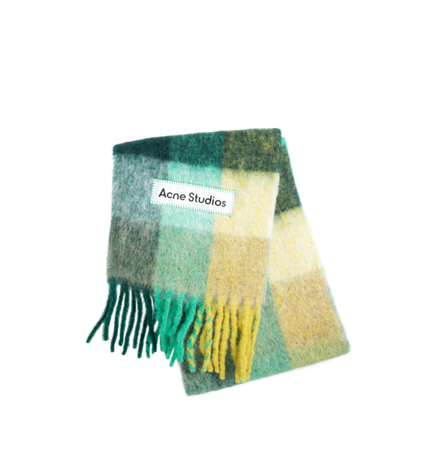 Image 2 of 2 - GREEN - Acne Studios Checked scarf is made of a soft mohair blend with fringed ends. Detailed with an Acne Studios embroidered logo patch. Crafted from carefully selected material known for its soft and hairy fibres. Measurements including fringe: 250 cm length; 28 cm width. Fringe measurements: 12 cm approx.Made in Italy. Main material: 33% alpaca, 25% wool, 22% nylon, 20% mohair. 